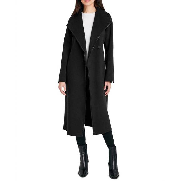 NEW T TAHARI juliette double face faux leather trim belted  wool coat black in b - Picture 4 of 4